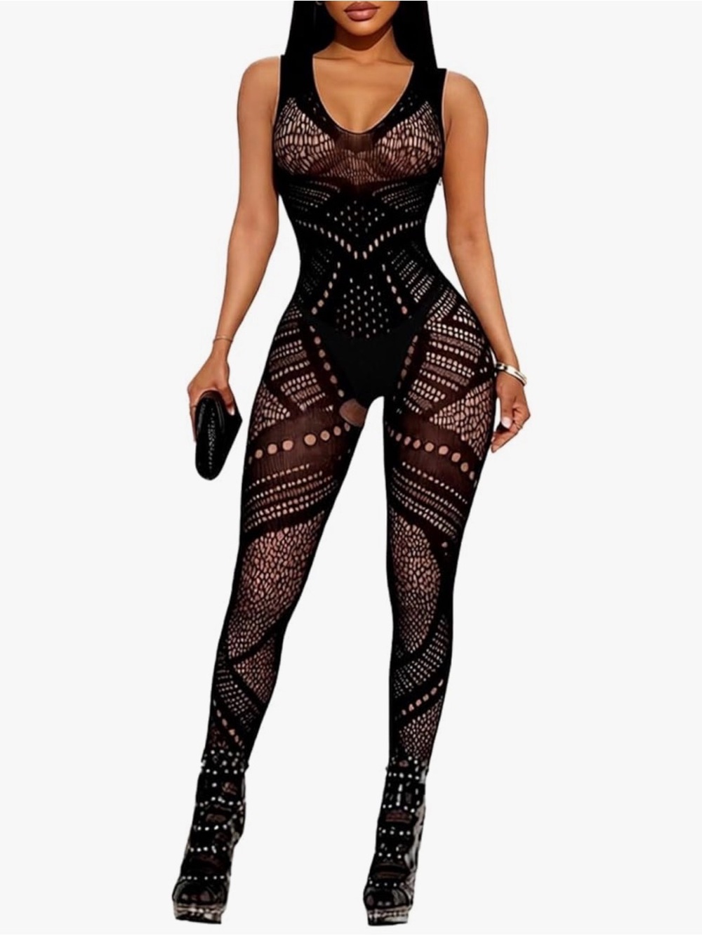 Black Sheer Geometric Lace Y2K Bodysuit Jumpsuit one size